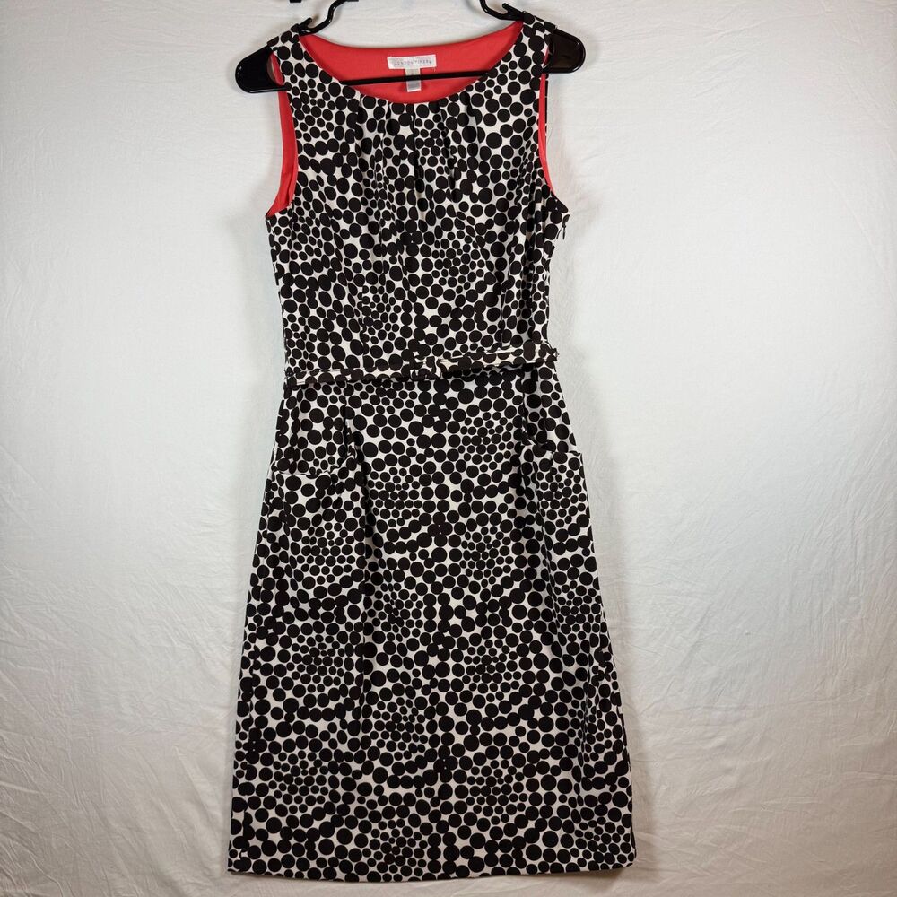 London Times Black White Polka Dot Sheath Dress Coral Trim Size 8